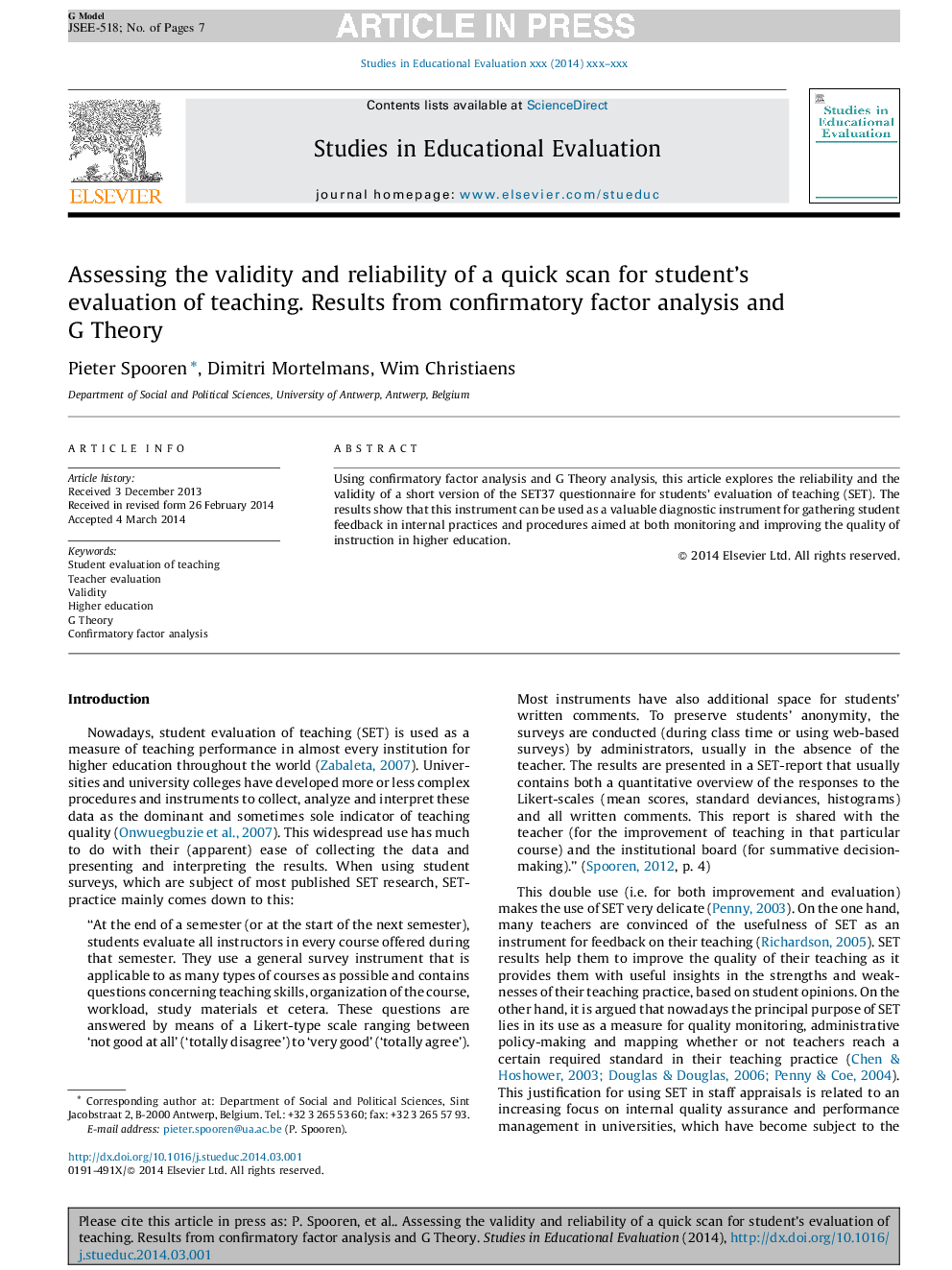 Assessing the validity and reliability of a quick scan for student's evaluation of teaching. Results from confirmatory factor analysis and G Theory