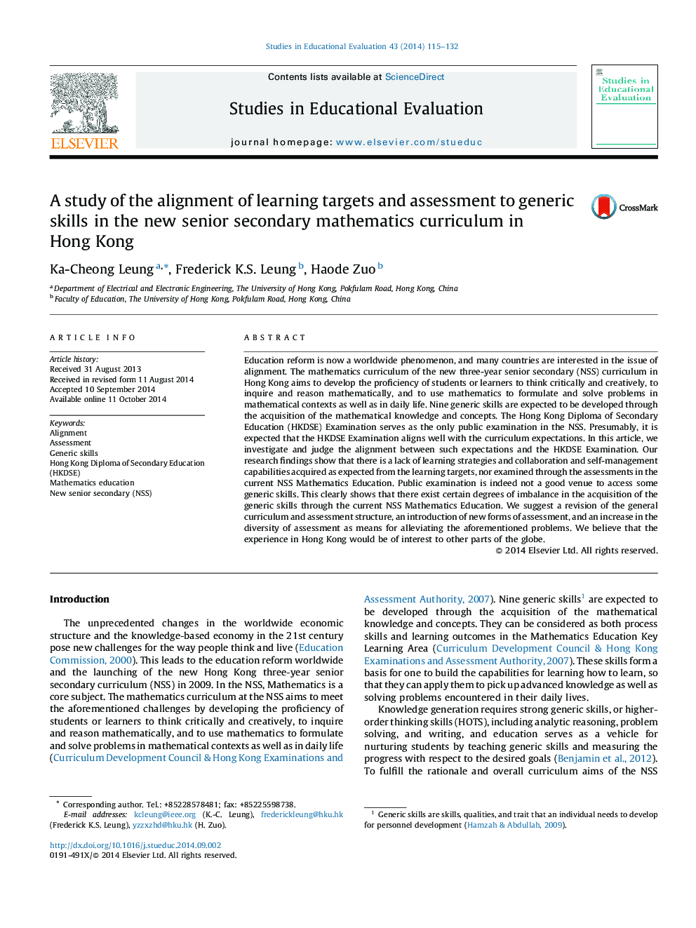 A study of the alignment of learning targets and assessment to generic skills in the new senior secondary mathematics curriculum in Hong Kong
