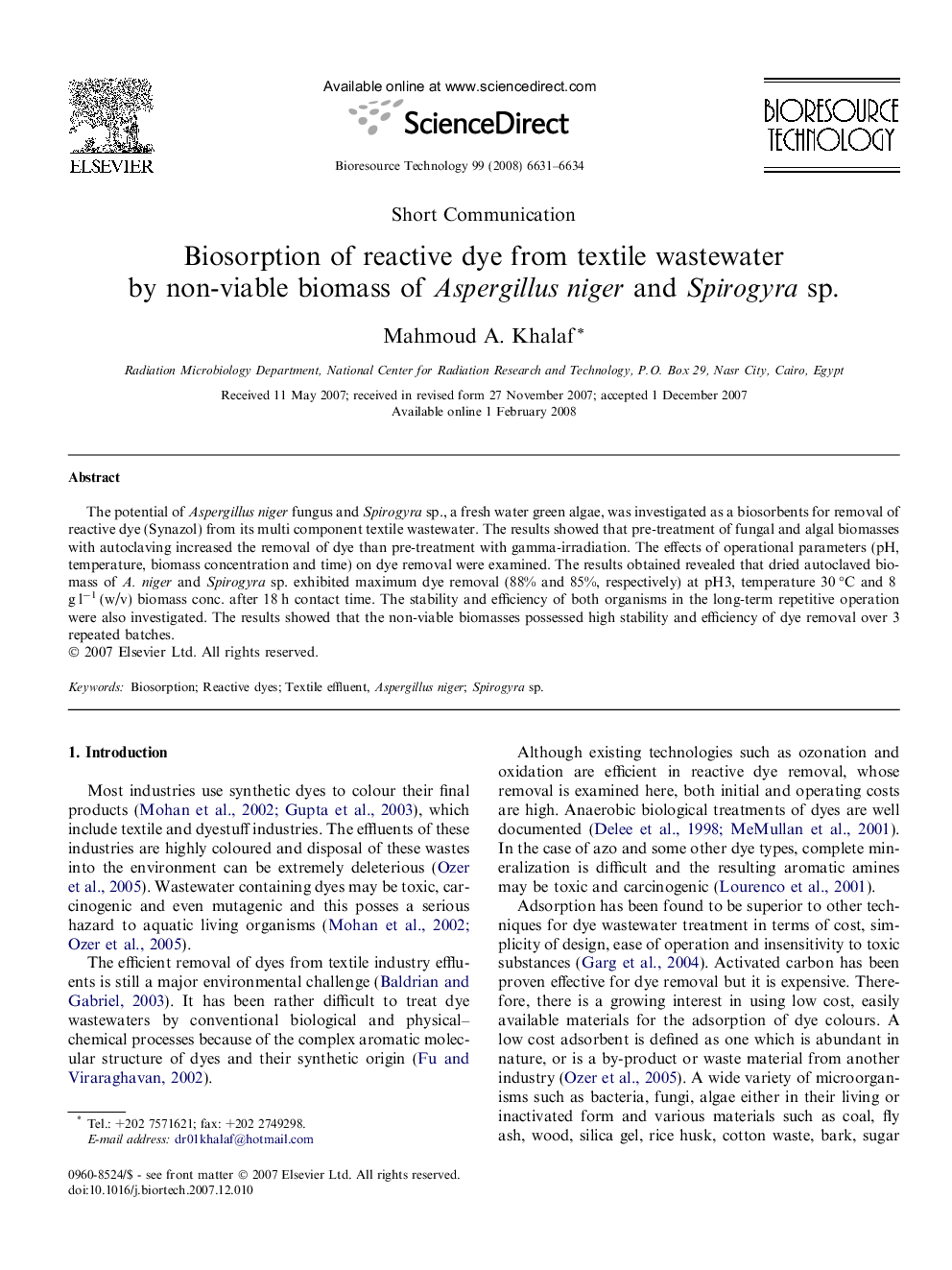 عکس صفحه اول مقاله: Biosorption of reactive dye from textile wastewater by non-viable biomass of Aspergillus niger and Spirogyra sp. Biosorption of reactive dye from textile wastewater by non-viable biomass of Aspergillus niger and Spirogyra sp.