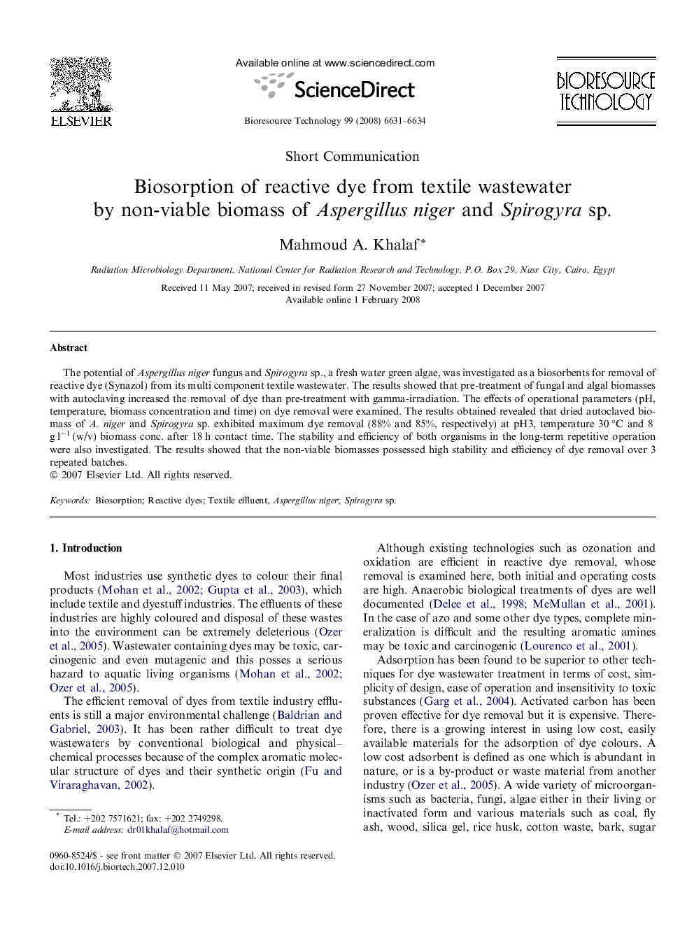 Biosorption of reactive dye from textile wastewater by non-viable biomass of Aspergillus niger and Spirogyra sp.