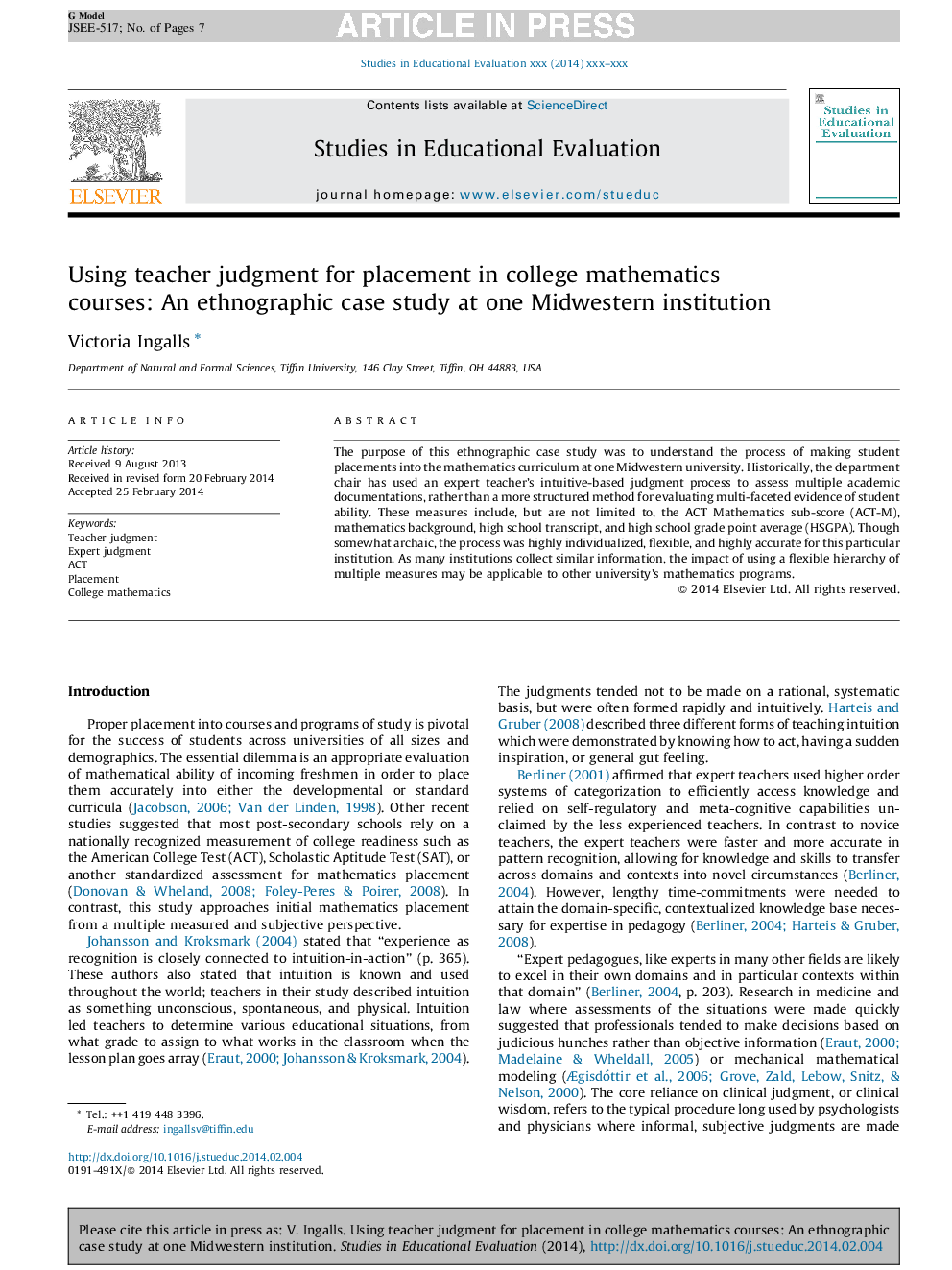 Using teacher judgment for placement in college mathematics courses: An ethnographic case study at one Midwestern institution