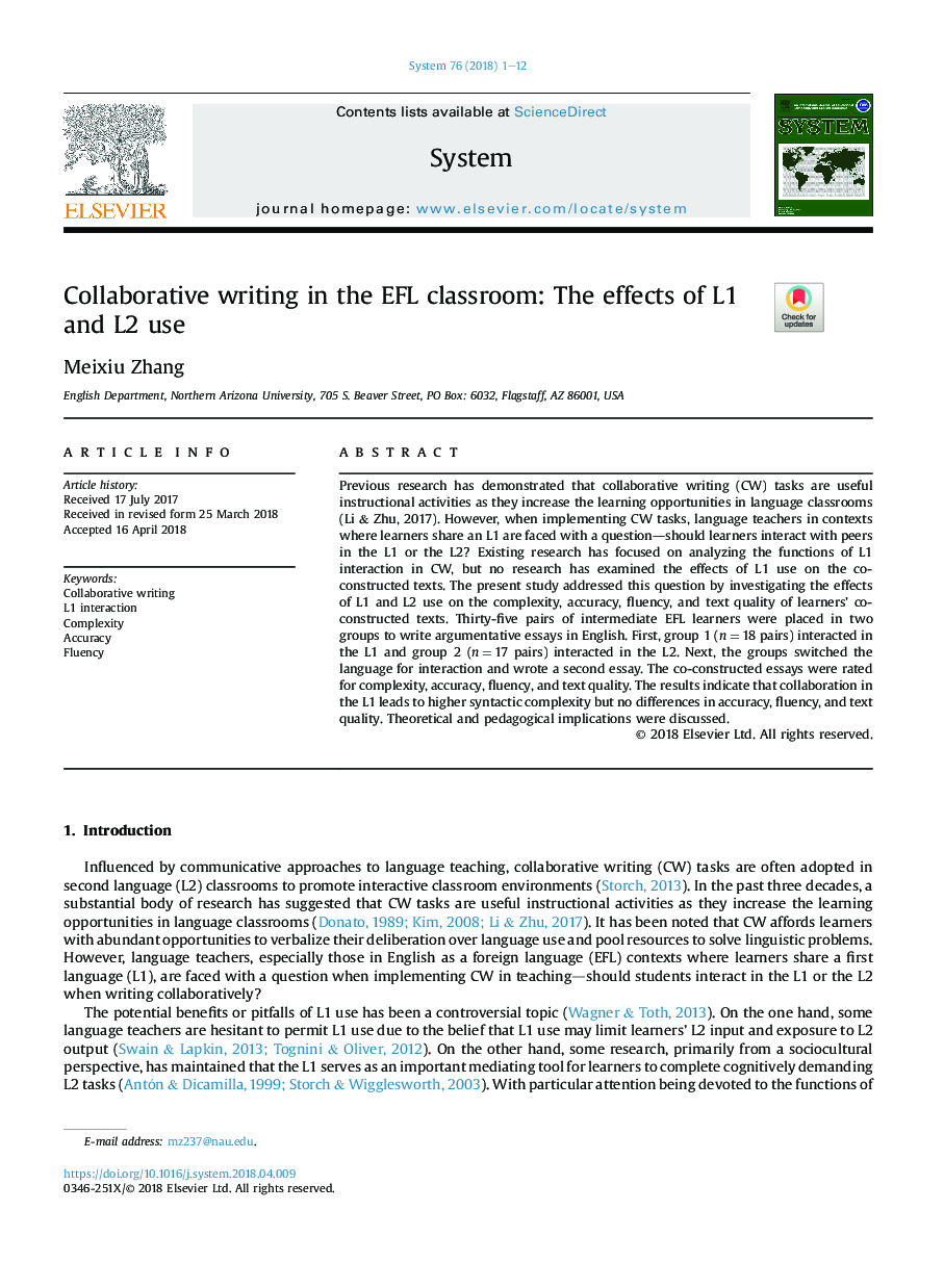Collaborative writing in the EFL classroom: The effects of L1 and L2 use