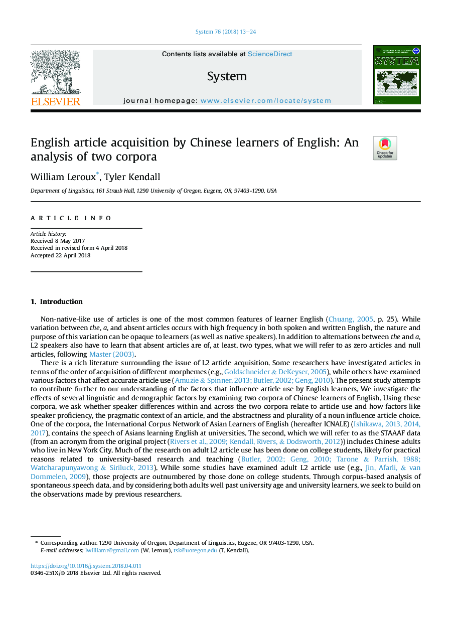 English article acquisition by Chinese learners of English: An analysis of two corpora