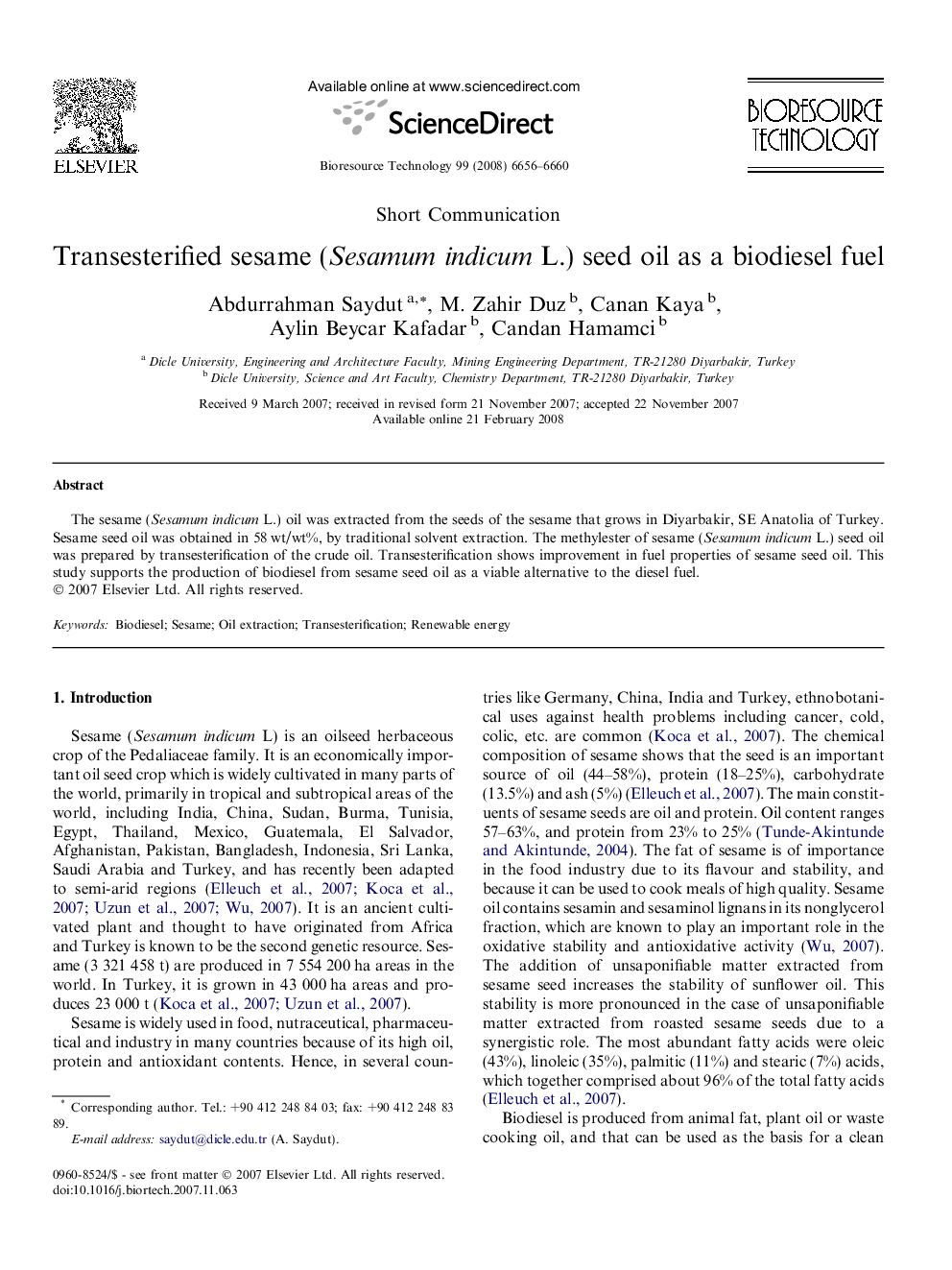 Transesterified sesame (Sesamum indicum L.) seed oil as a biodiesel fuel