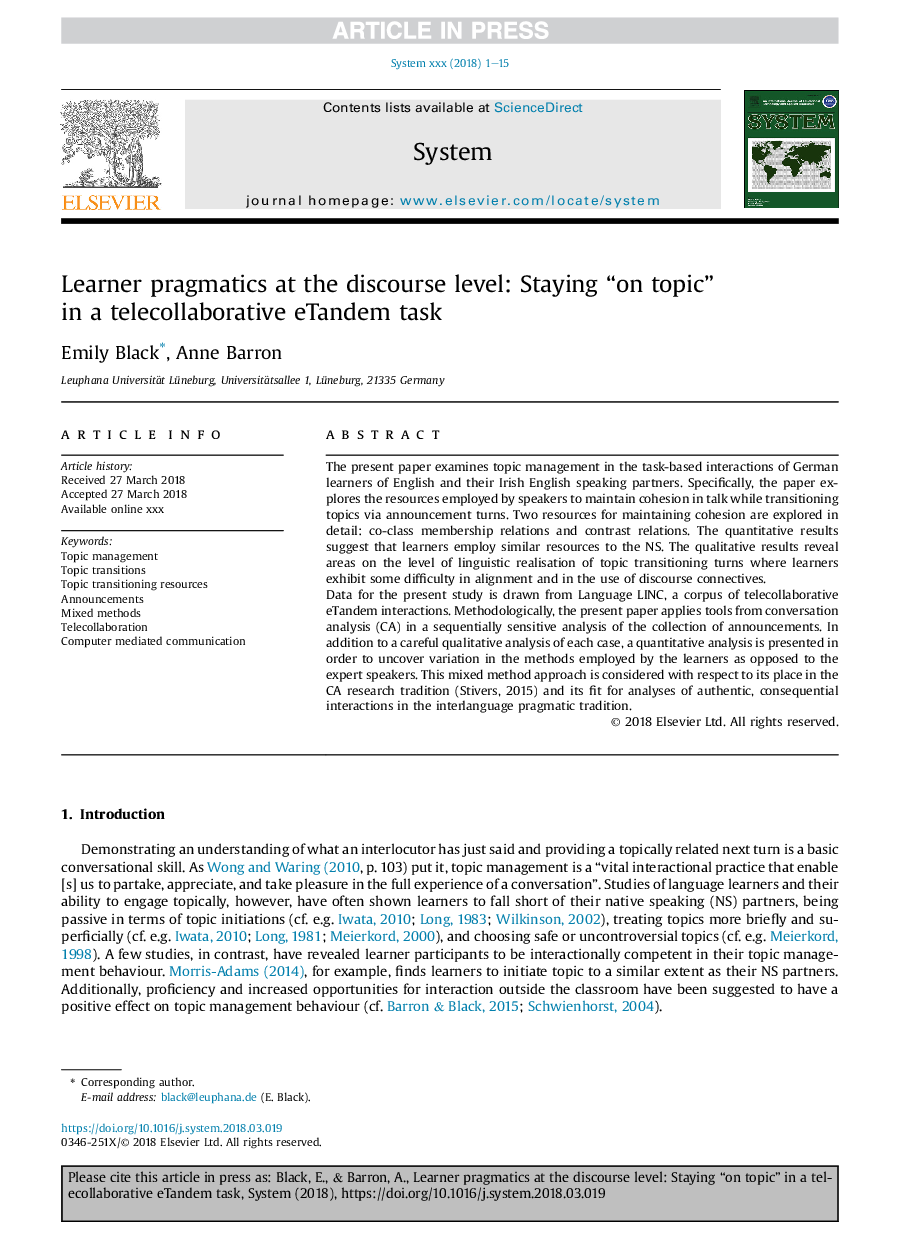 عکس صفحه اول مقاله: Learner pragmatics at the discourse level: Staying “on topic” in a telecollaborative eTandem task Learner pragmatics at the discourse level: Staying “on topic” in a telecollaborative eTandem task