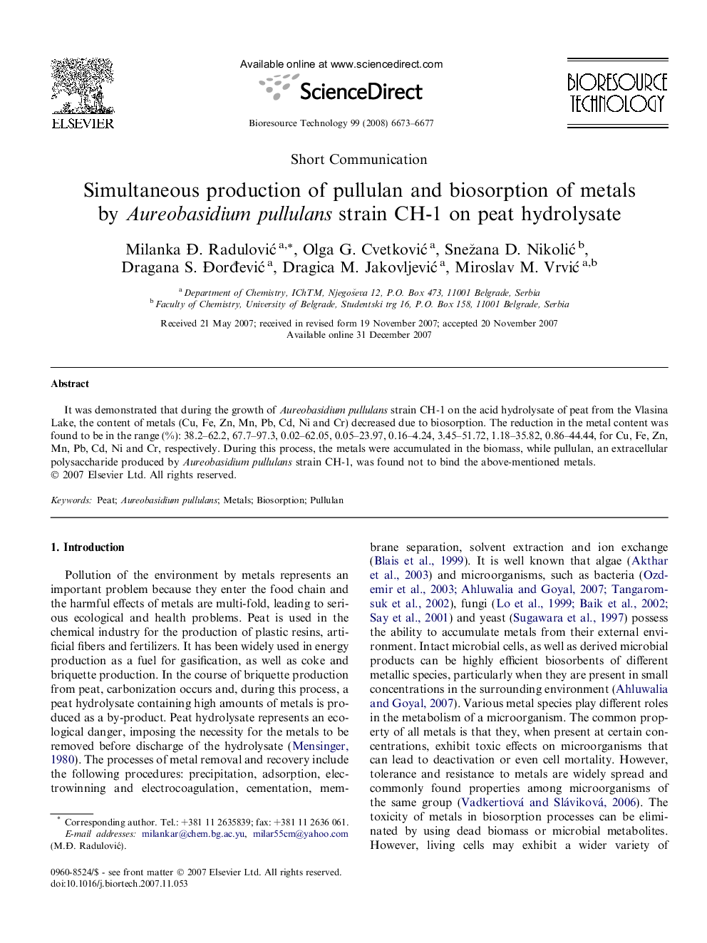 Simultaneous production of pullulan and biosorption of metals by Aureobasidium pullulans strain CH-1 on peat hydrolysate