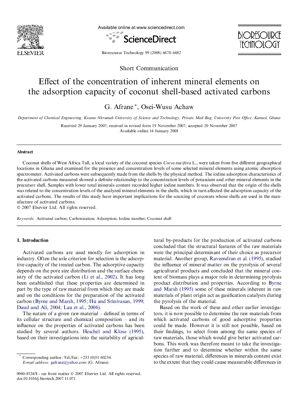 Effect of the concentration of inherent mineral elements on the adsorption capacity of coconut shell-based activated carbons