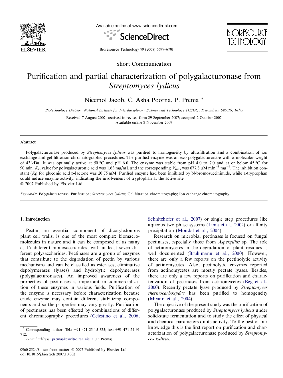 عکس صفحه اول مقاله: Purification and partial characterization of polygalacturonase from Streptomyces lydicus Purification and partial characterization of polygalacturonase from Streptomyces lydicus