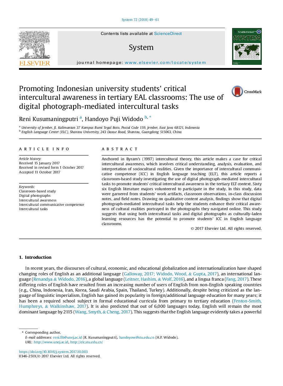 Promoting Indonesian university students' critical intercultural awareness in tertiary EAL classrooms: The use of digital photograph-mediated intercultural tasks