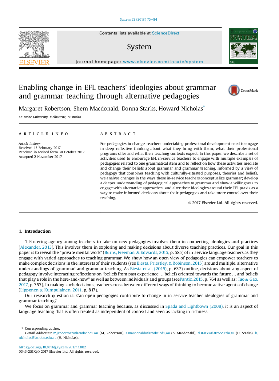 Enabling change in EFL teachers' ideologies about grammar and grammar teaching through alternative pedagogies