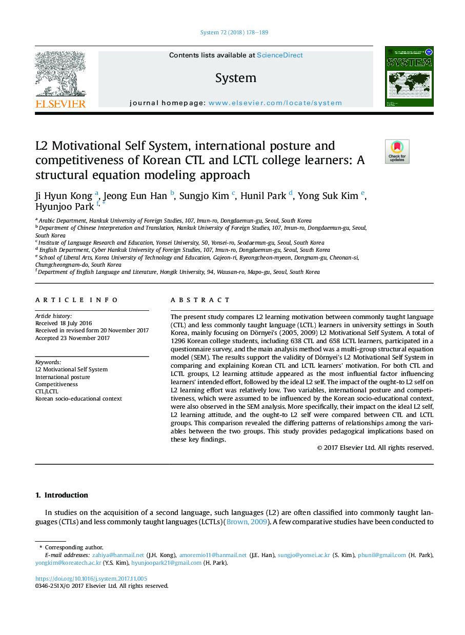 L2 Motivational Self System, international posture and competitiveness of Korean CTL and LCTL college learners: A structural equation modeling approach