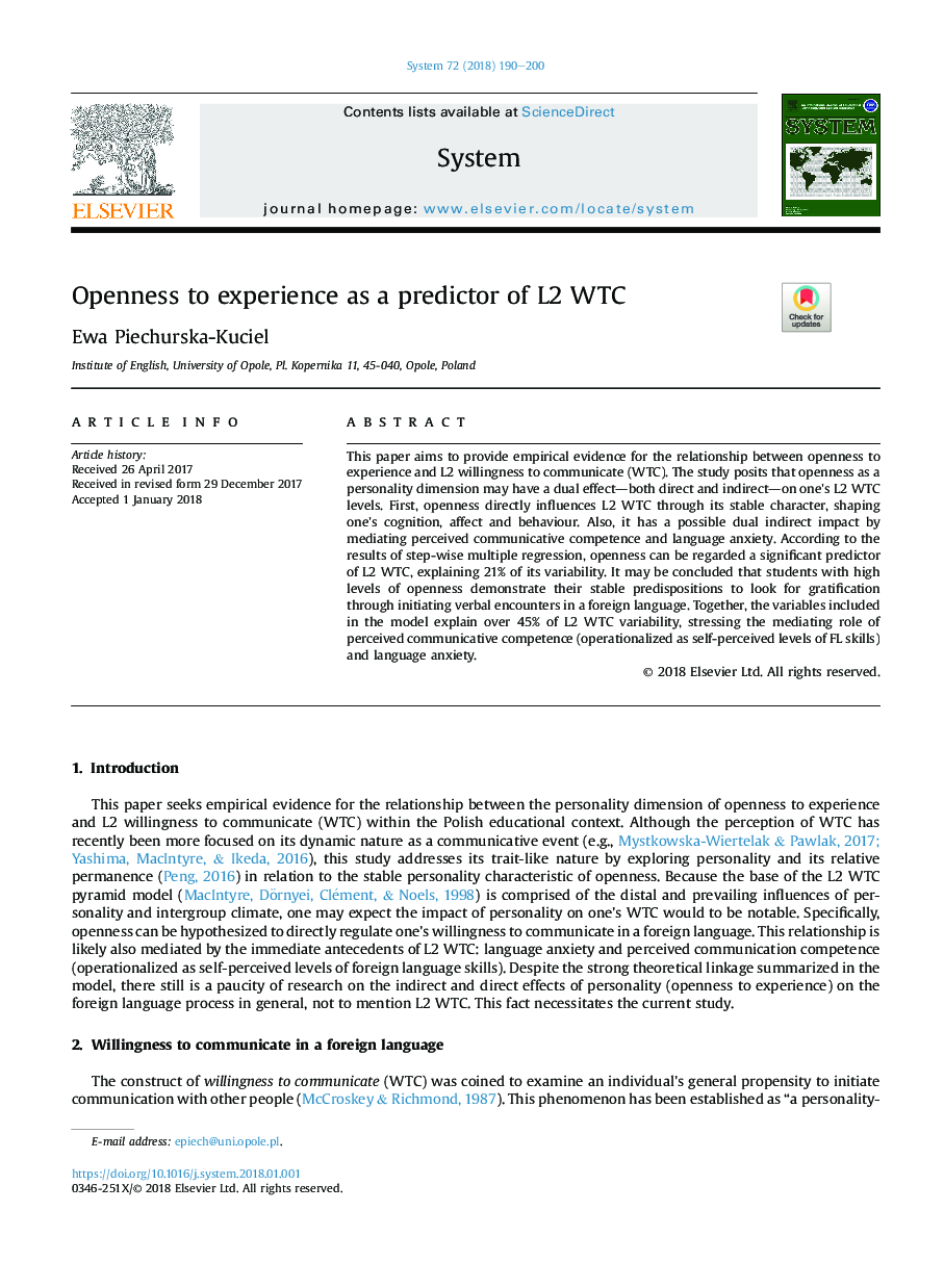 Openness to experience as a predictor of L2 WTC