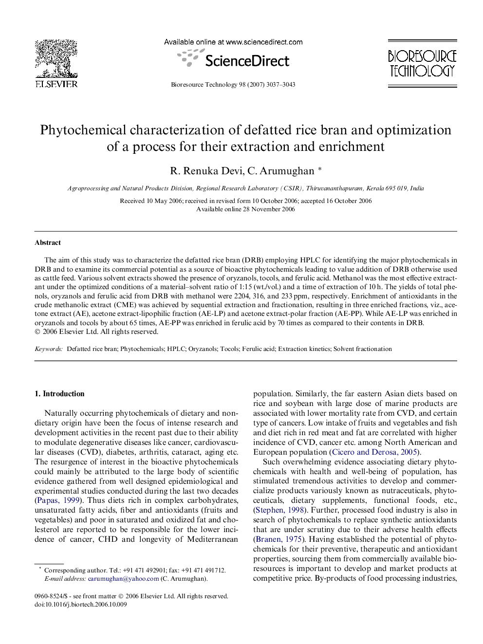 Phytochemical characterization of defatted rice bran and optimization of a process for their extraction and enrichment