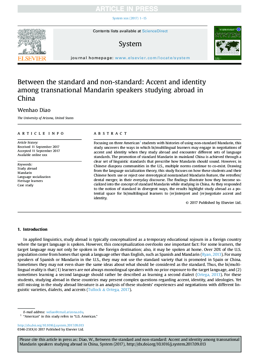 Between the standard and non-standard: Accent and identity among transnational Mandarin speakers studying abroad in China