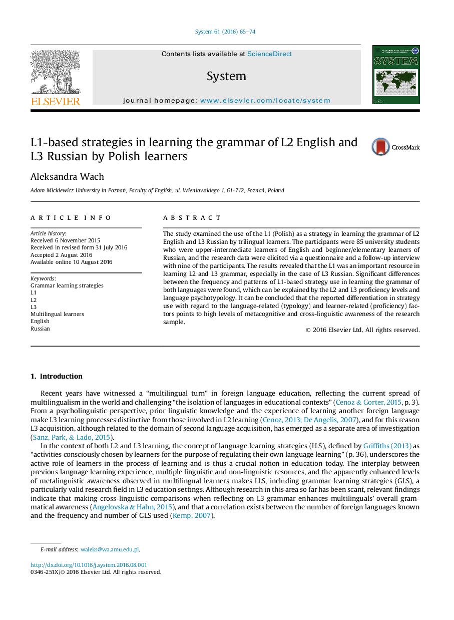 L1-based strategies in learning the grammar of L2 English and L3 Russian by Polish learners