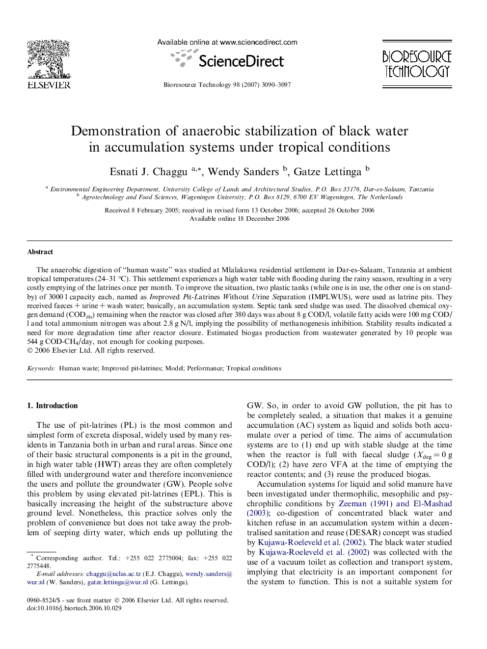 Demonstration of anaerobic stabilization of black water in accumulation systems under tropical conditions