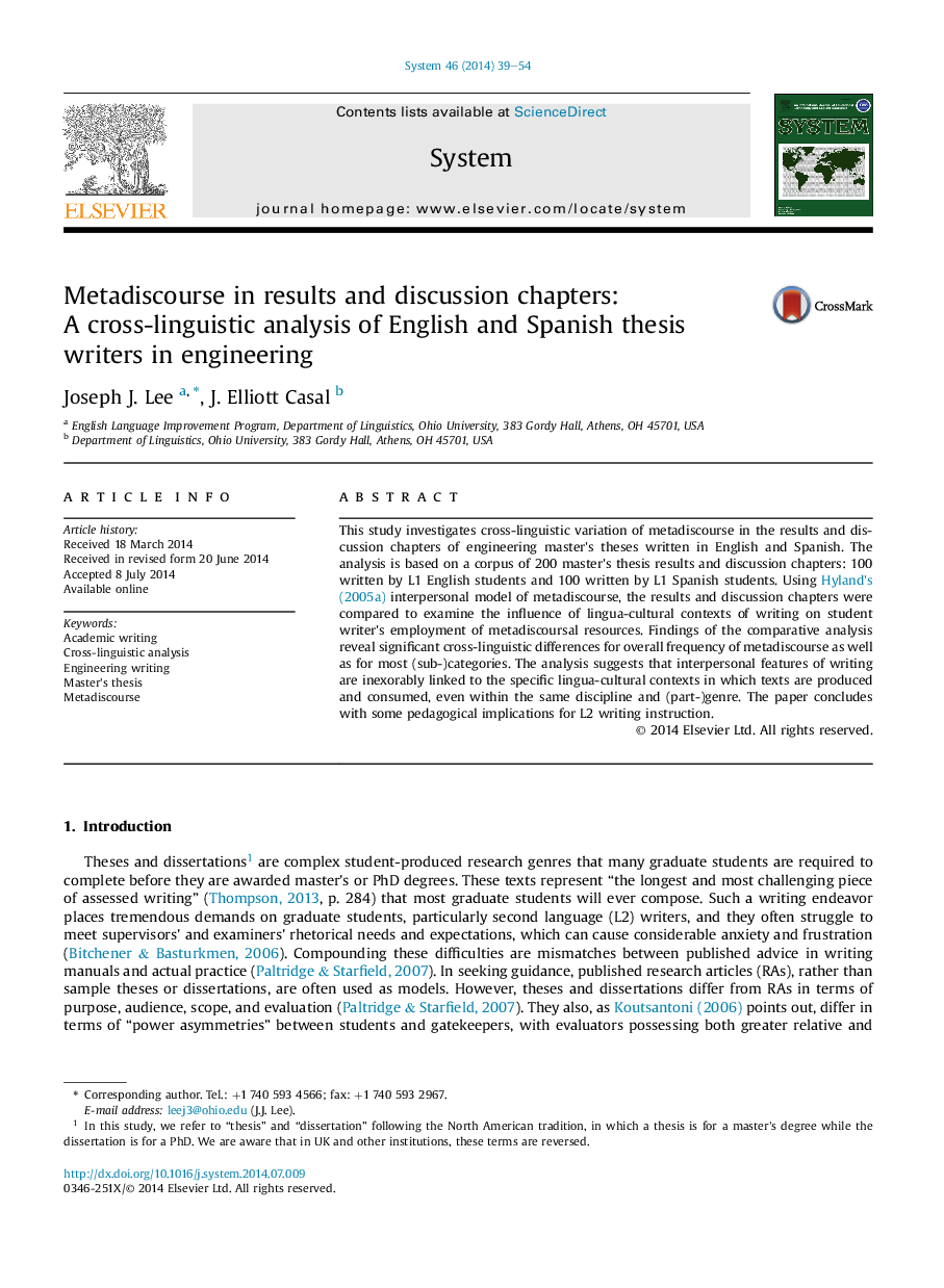 Metadiscourse in results and discussion chapters: AÂ cross-linguistic analysis of English and Spanish thesis writers in engineering