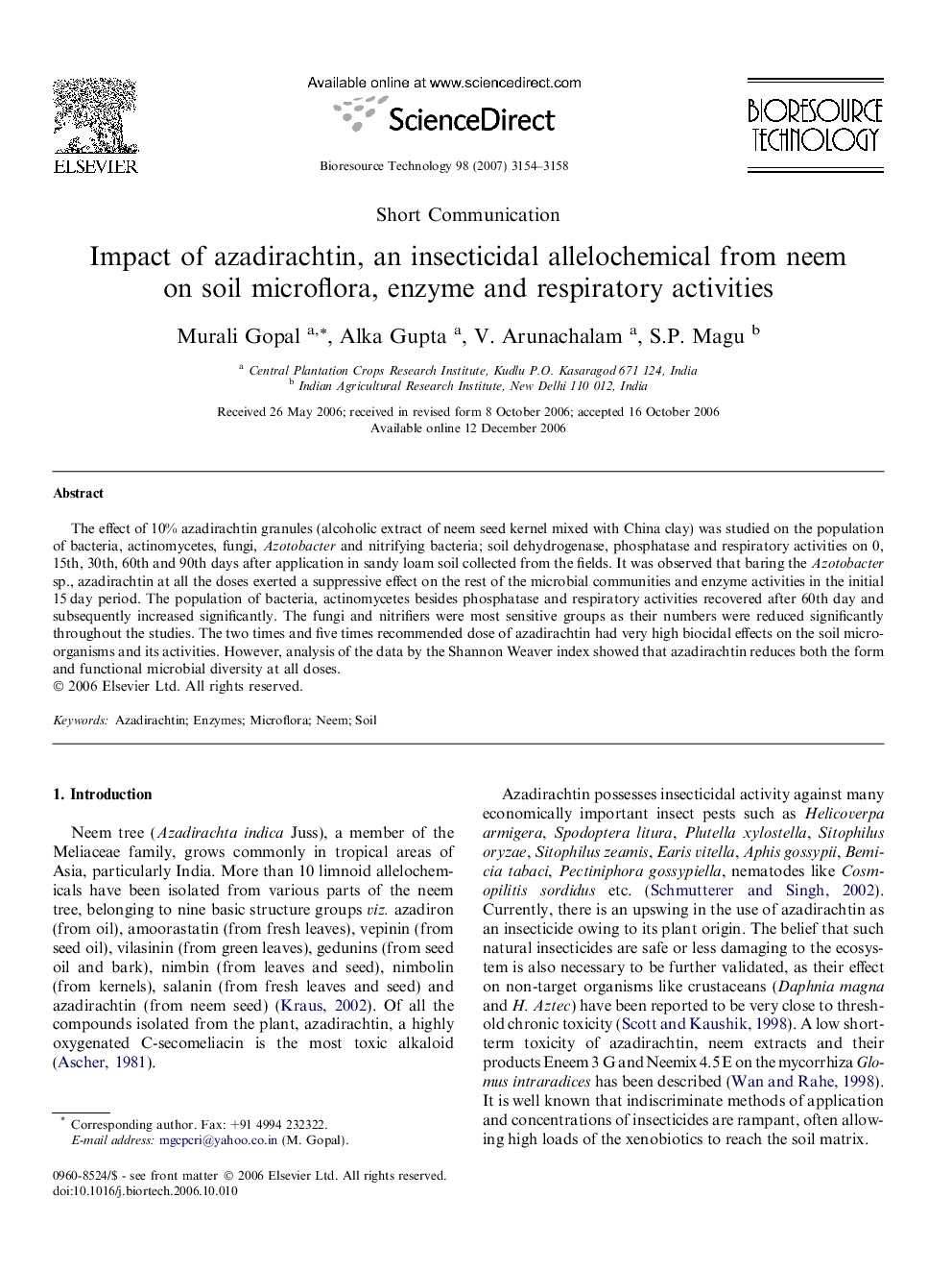 Impact of azadirachtin, an insecticidal allelochemical from neem on soil microflora, enzyme and respiratory activities