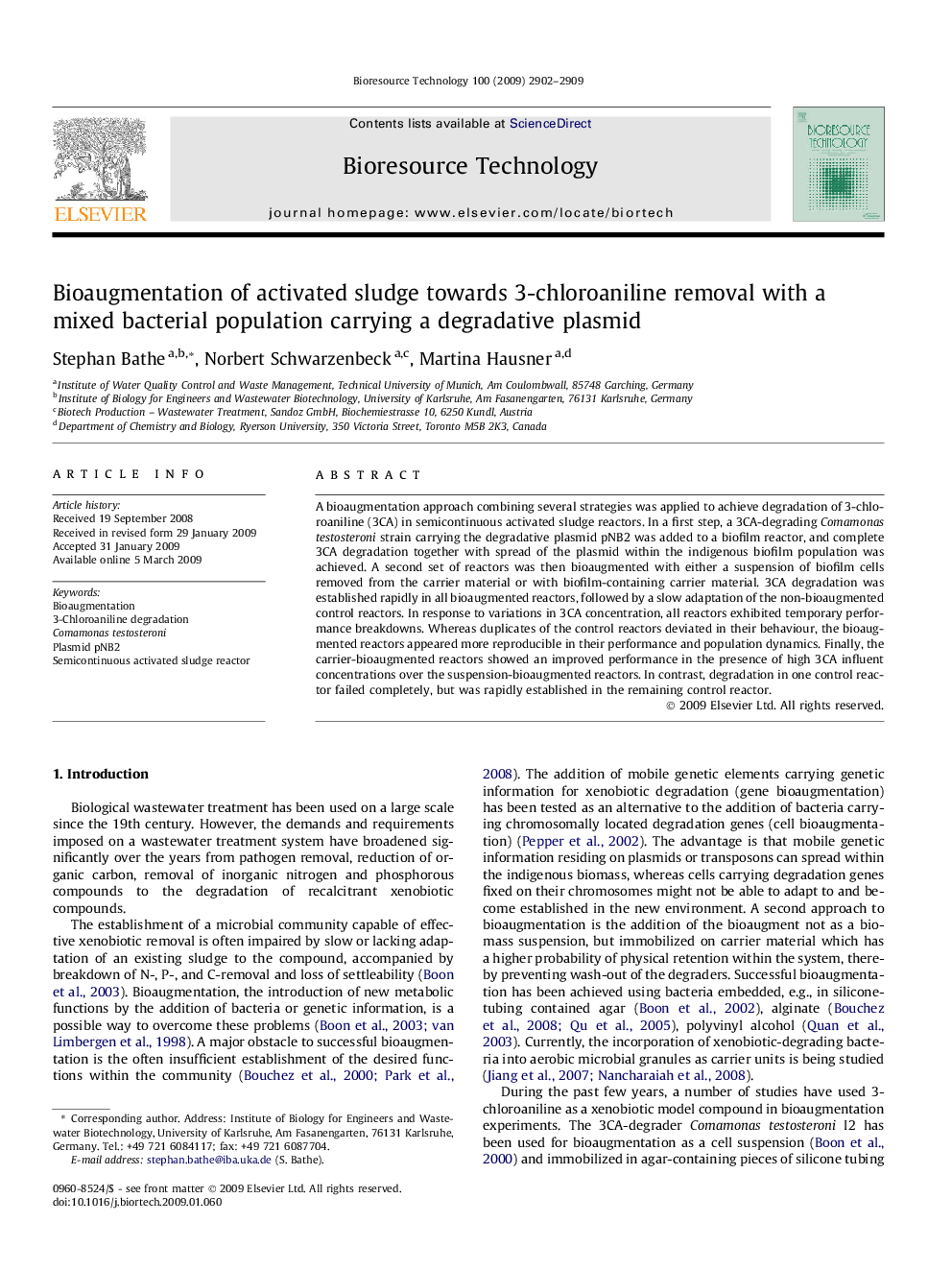 Bioaugmentation of activated sludge towards 3-chloroaniline removal with a mixed bacterial population carrying a degradative plasmid