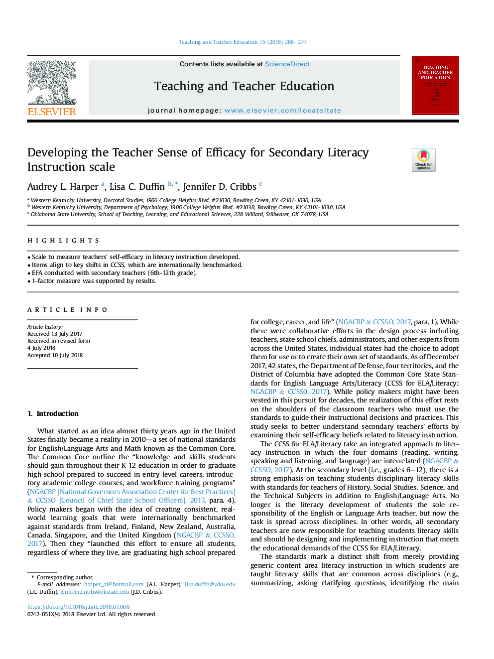 Developing the Teacher Sense of Efficacy for Secondary Literacy Instruction scale