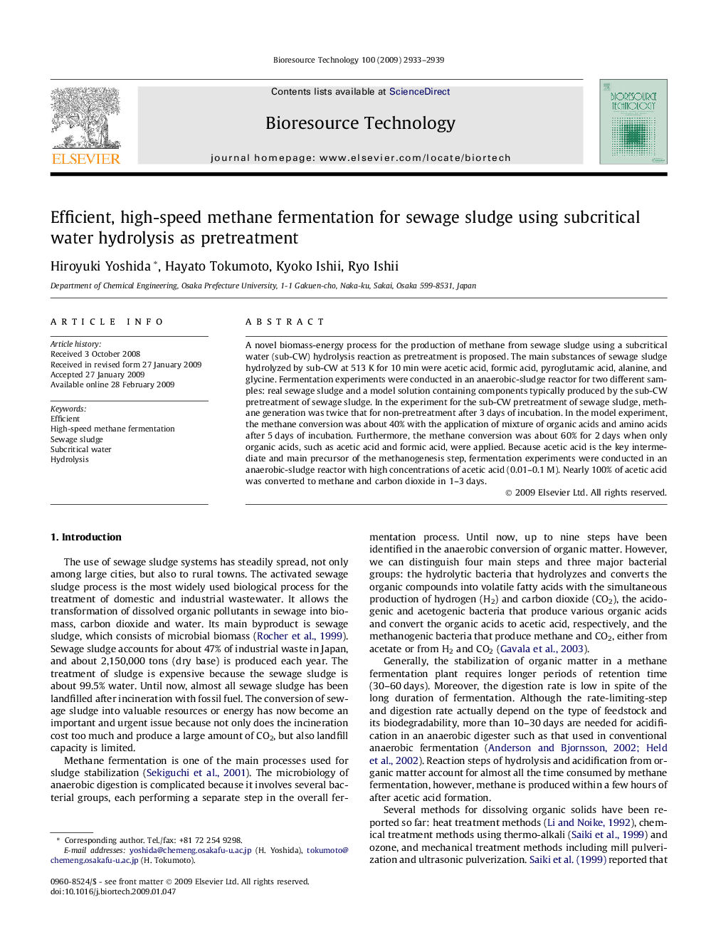 عکس صفحه اول مقاله: Efficient, high-speed methane fermentation for sewage sludge using subcritical water hydrolysis as pretreatment Efficient, high-speed methane fermentation for sewage sludge using subcritical water hydrolysis as pretreatment