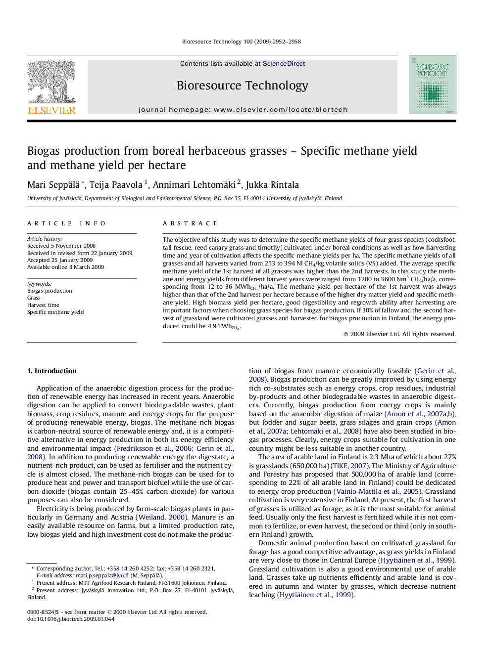 Biogas production from boreal herbaceous grasses – Specific methane yield and methane yield per hectare