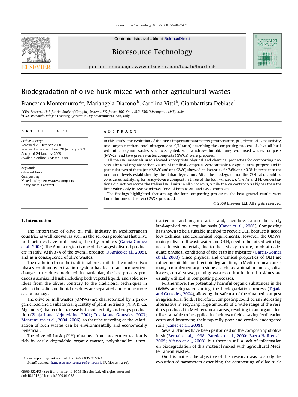 Biodegradation of olive husk mixed with other agricultural wastes