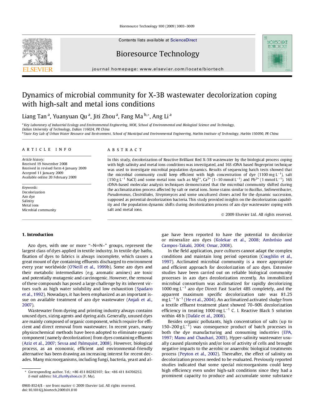 Dynamics of microbial community for X-3B wastewater decolorization coping with high-salt and metal ions conditions