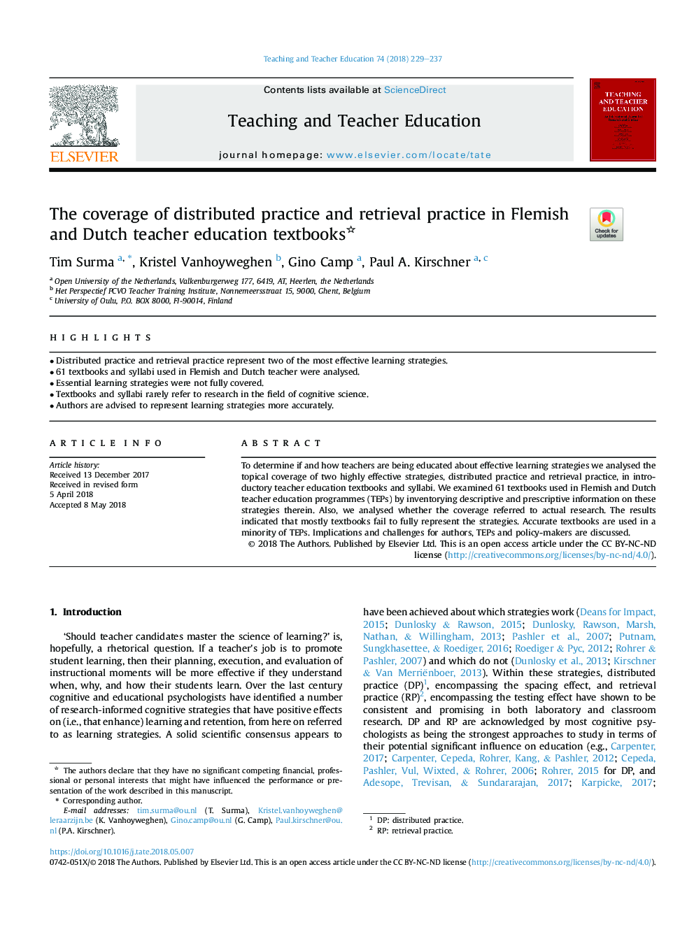 The coverage of distributed practice and retrieval practice in Flemish and Dutch teacher education textbooks