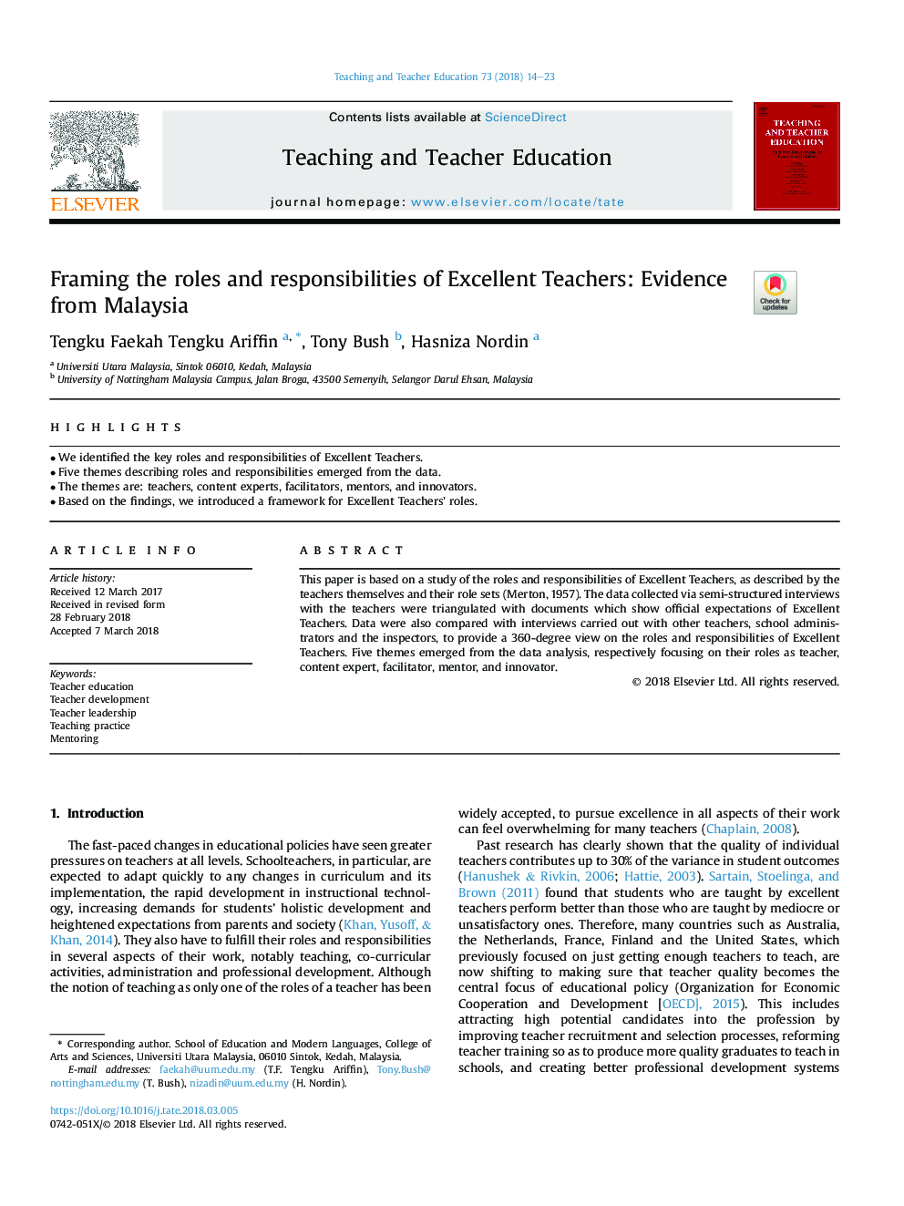 Framing the roles and responsibilities of Excellent Teachers: Evidence from Malaysia