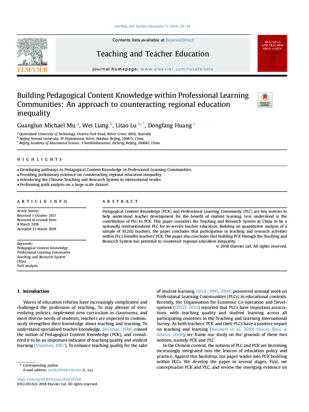 Building Pedagogical Content Knowledge within Professional Learning Communities: An approach to counteracting regional education inequality