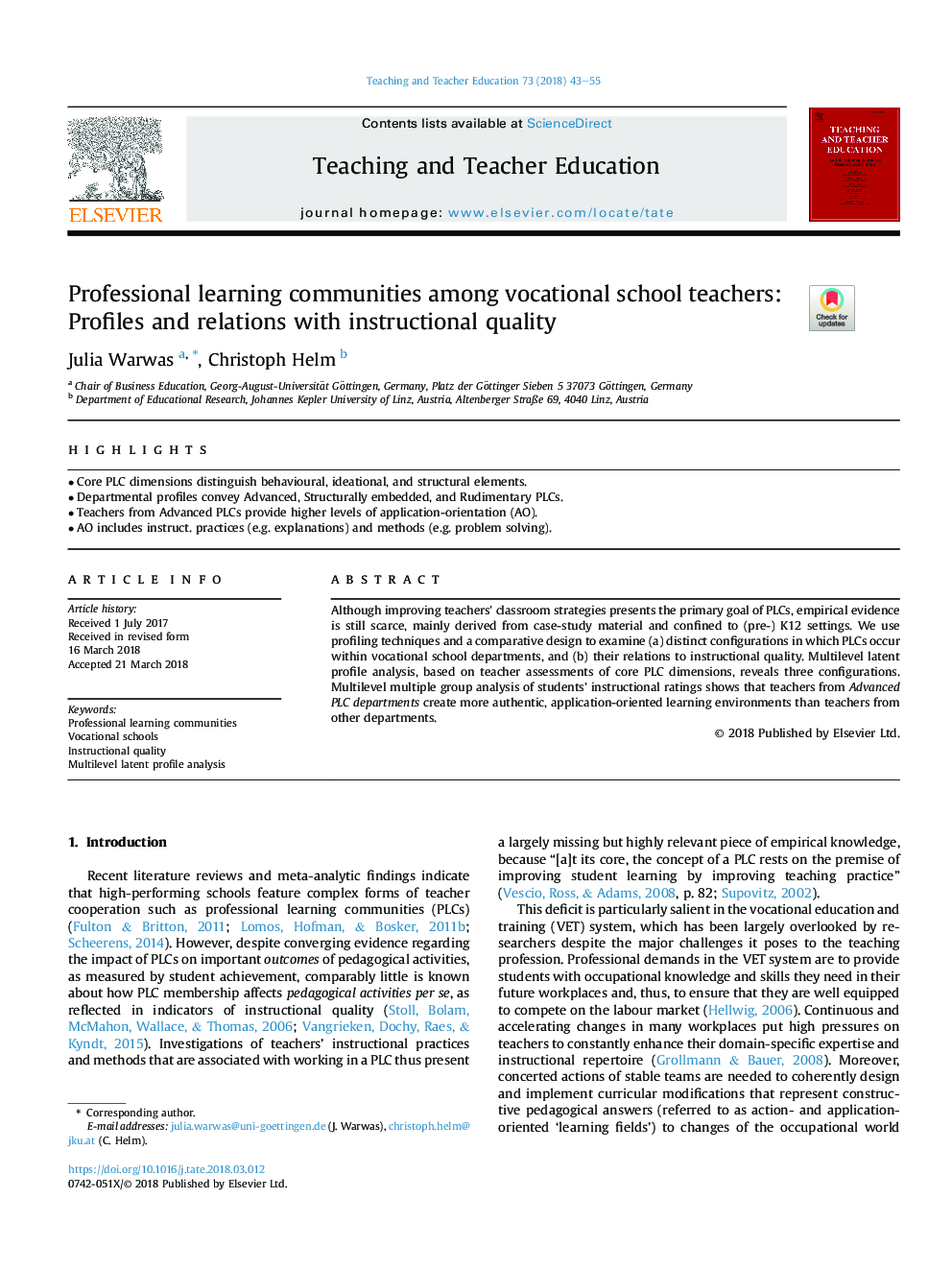 Professional learning communities among vocational school teachers: Profiles and relations with instructional quality