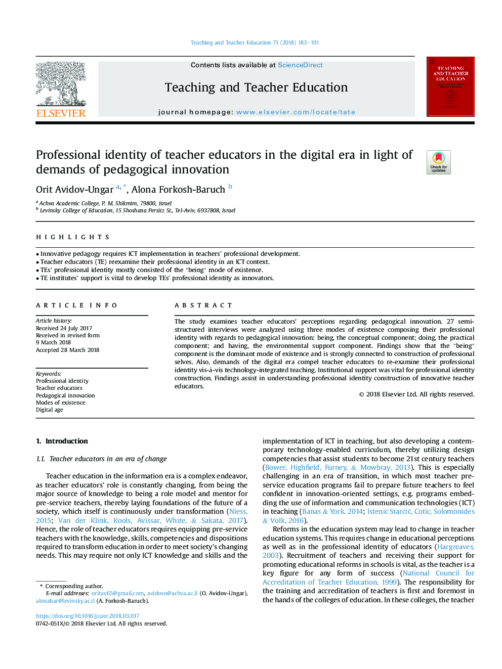 Professional identity of teacher educators in the digital era in light of demands of pedagogical innovation