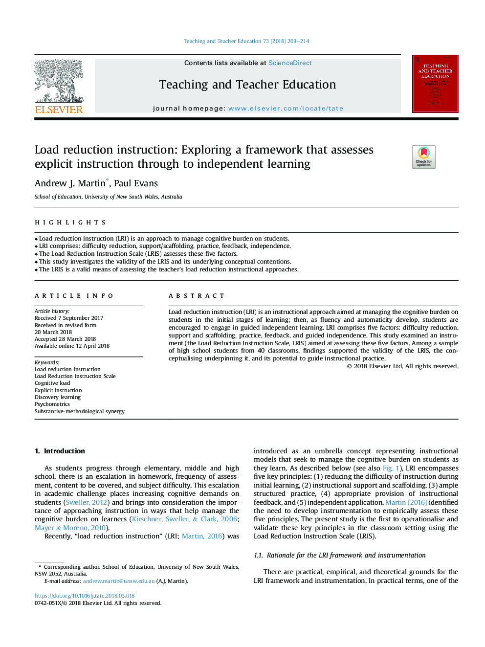 Load reduction instruction: Exploring a framework that assesses explicit instruction through to independent learning