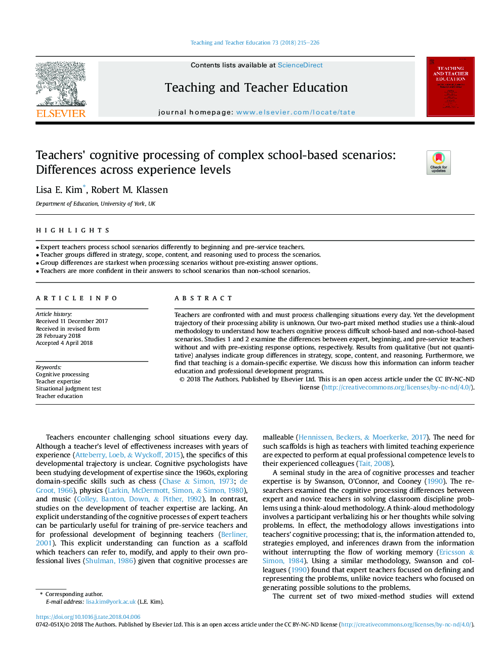 Teachers' cognitive processing of complex school-based scenarios: Differences across experience levels