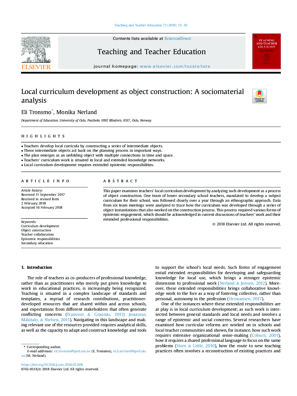 Local curriculum development as object construction: A sociomaterial analysis