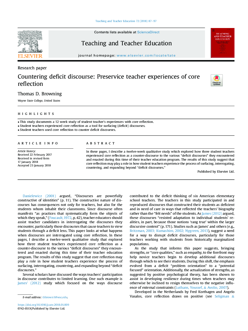 Countering deficit discourse: Preservice teacher experiences of core reflection