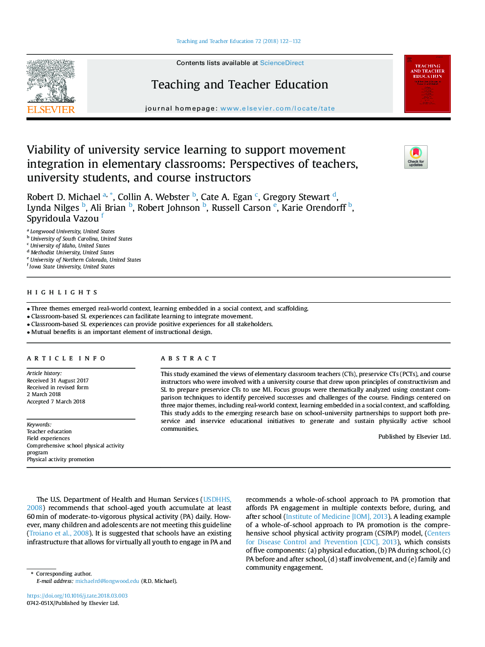 Viability of university service learning to support movement integration in elementary classrooms: Perspectives of teachers, university students, and course instructors