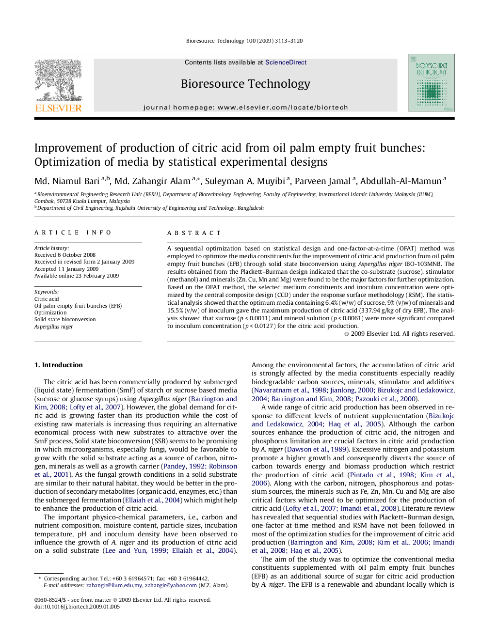 Improvement of production of citric acid from oil palm empty fruit bunches: Optimization of media by statistical experimental designs