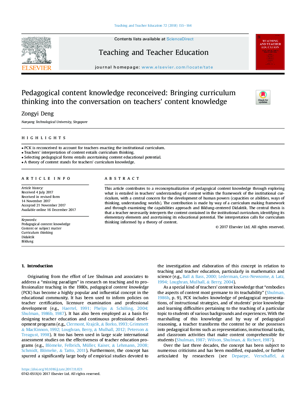 Pedagogical content knowledge reconceived: Bringing curriculum thinking into the conversation on teachers' content knowledge