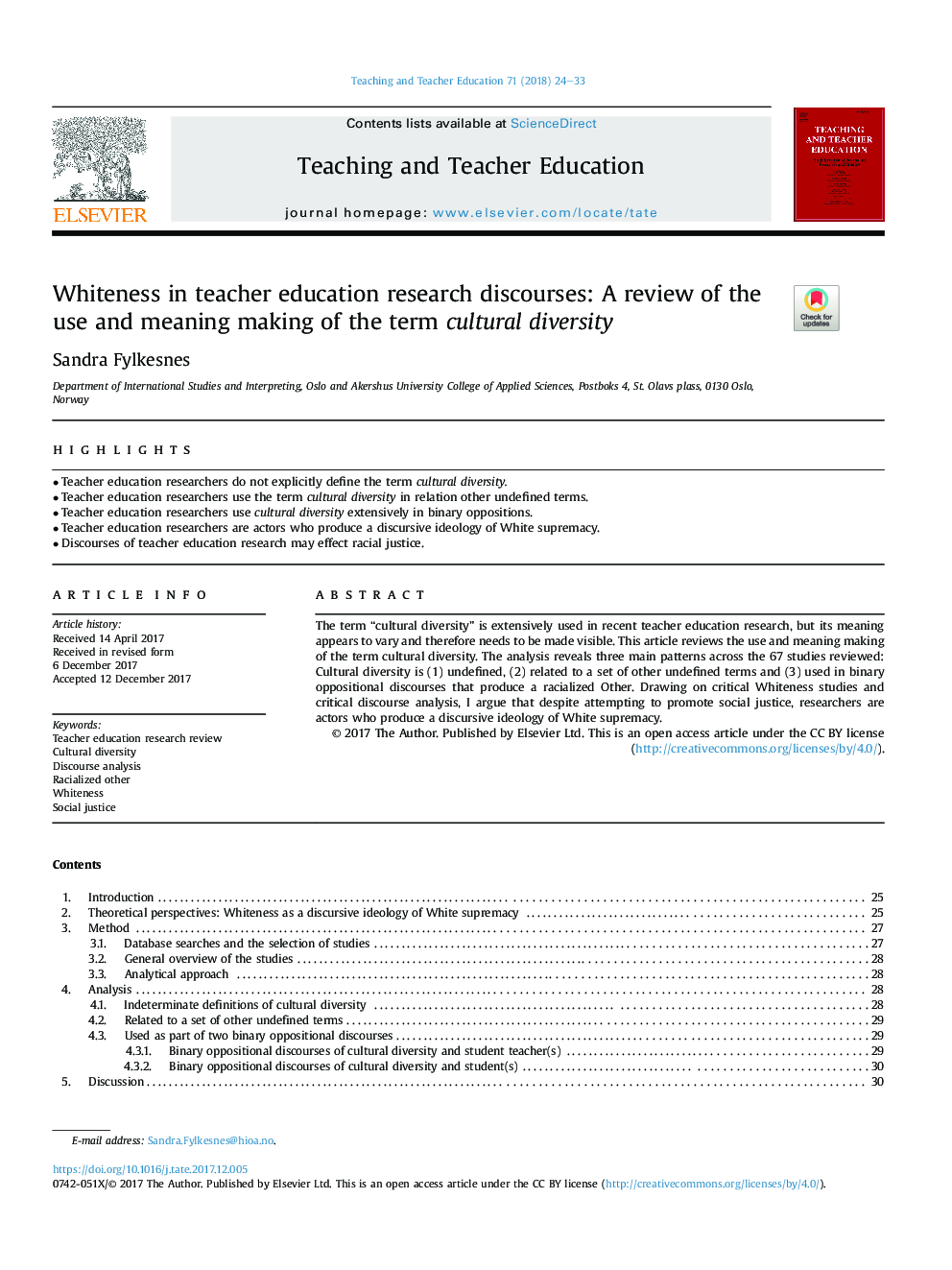 Whiteness in teacher education research discourses: A review of the use and meaning making of the term cultural diversity