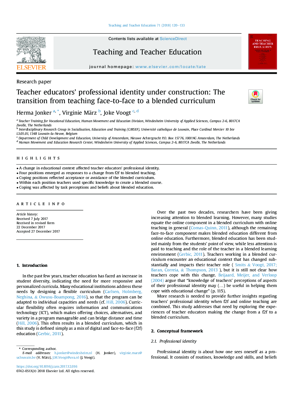 Teacher educators' professional identity under construction: The transition from teaching face-to-face to a blended curriculum