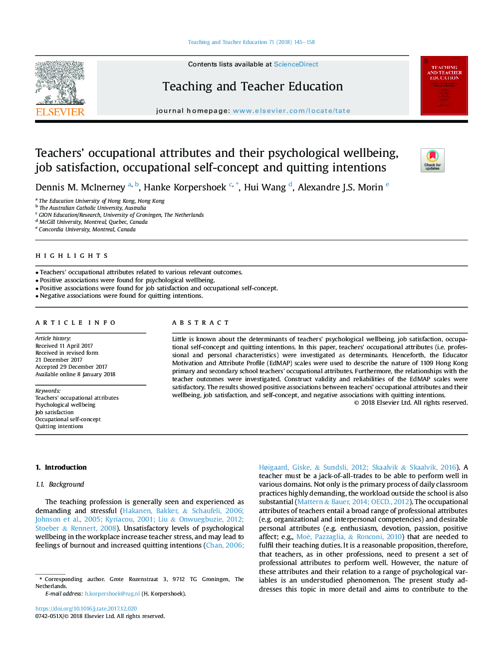 Teachers' occupational attributes and their psychological wellbeing, job satisfaction, occupational self-concept and quitting intentions