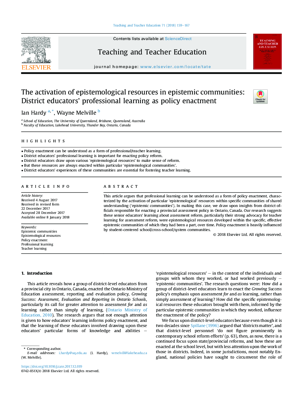 The activation of epistemological resources in epistemic communities: District educators' professional learning as policy enactment