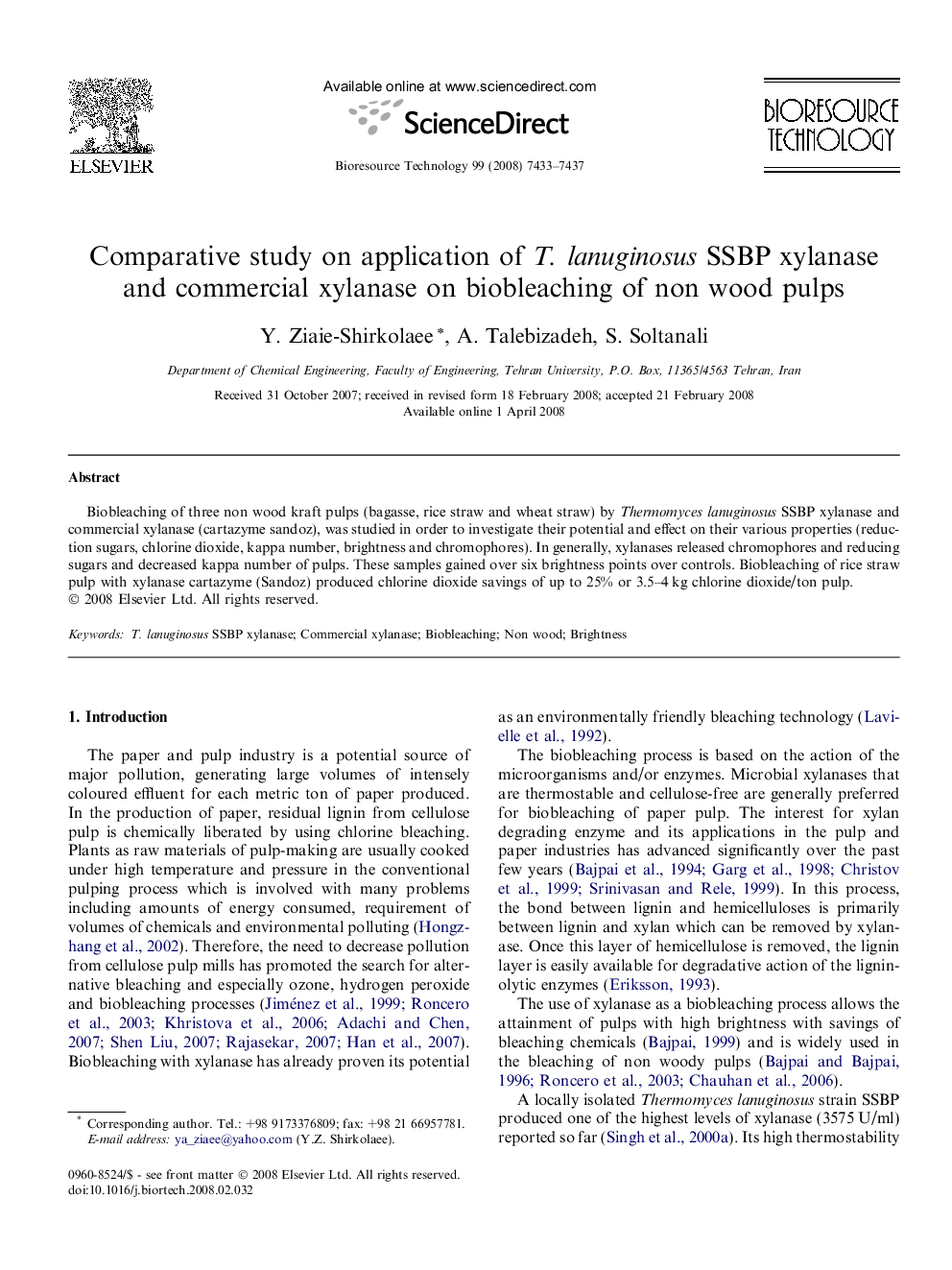 Comparative study on application of T.lanuginosus SSBP xylanase and commercial xylanase on biobleaching of non wood pulps