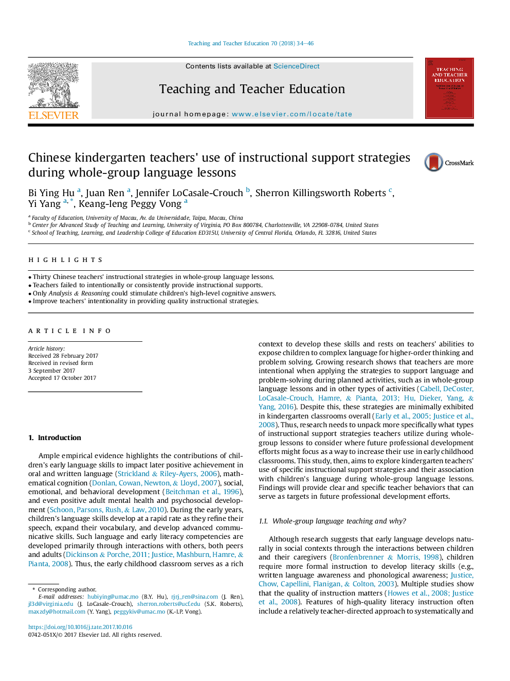 Chinese kindergarten teachers' use of instructional support strategies during whole-group language lessons