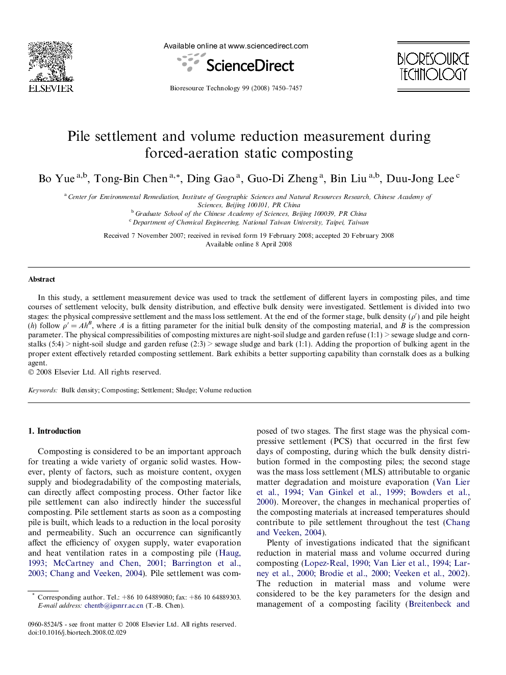 Pile settlement and volume reduction measurement during forced-aeration static composting