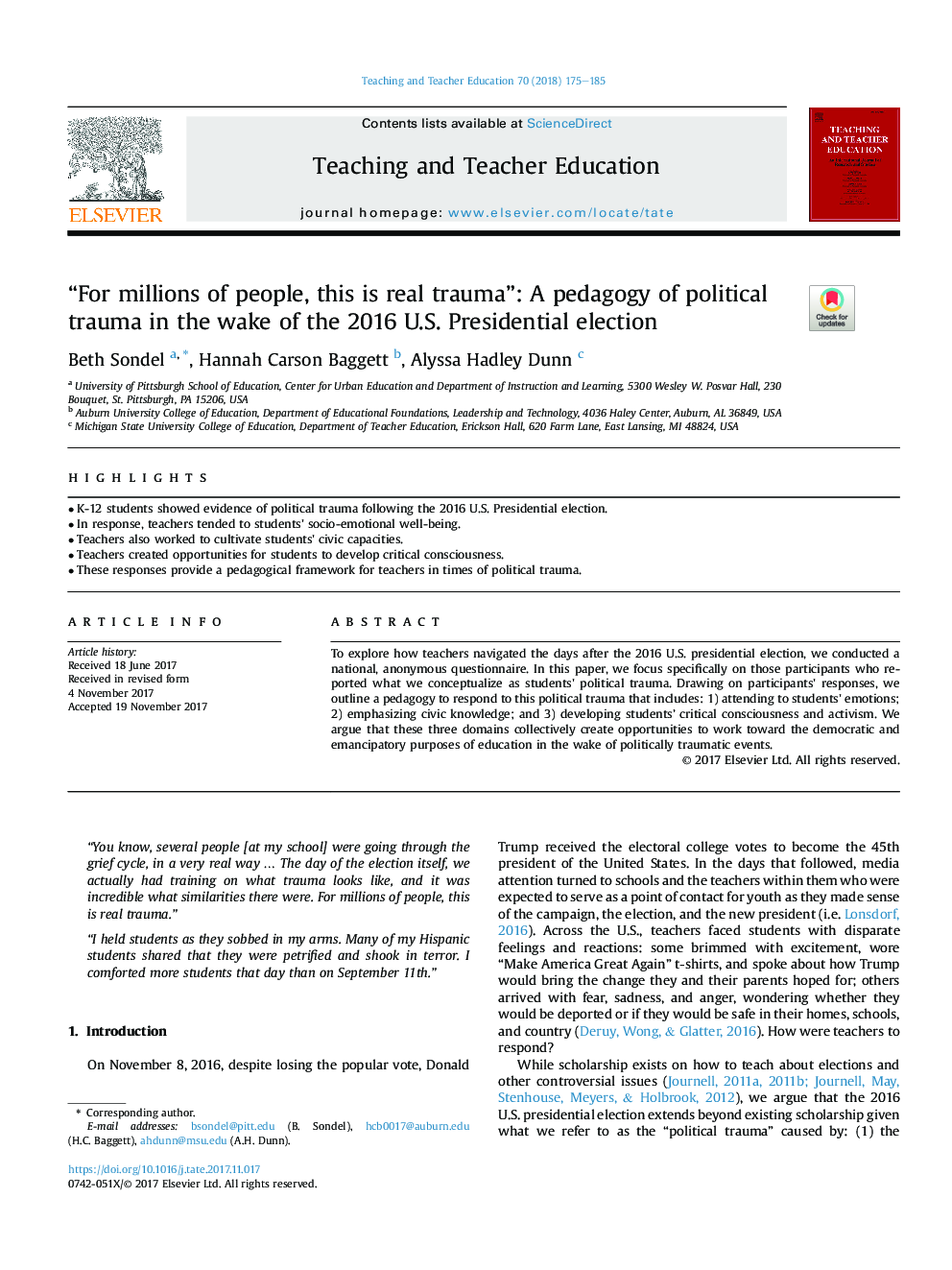 “For millions of people, this is real trauma”: A pedagogy of political trauma in the wake of the 2016 U.S. Presidential election