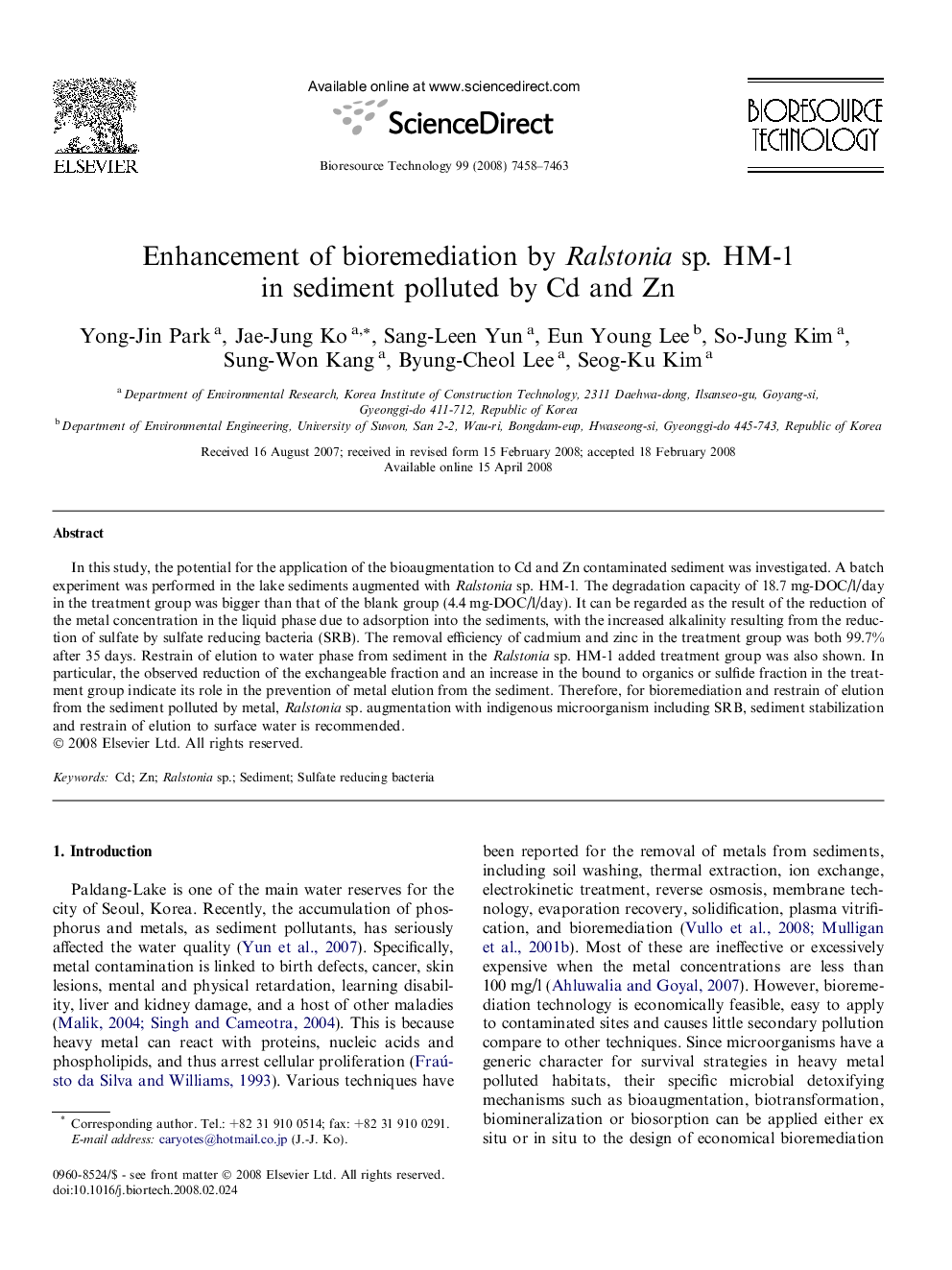 Enhancement of bioremediation by Ralstonia sp. HM-1 in sediment polluted by Cd and Zn