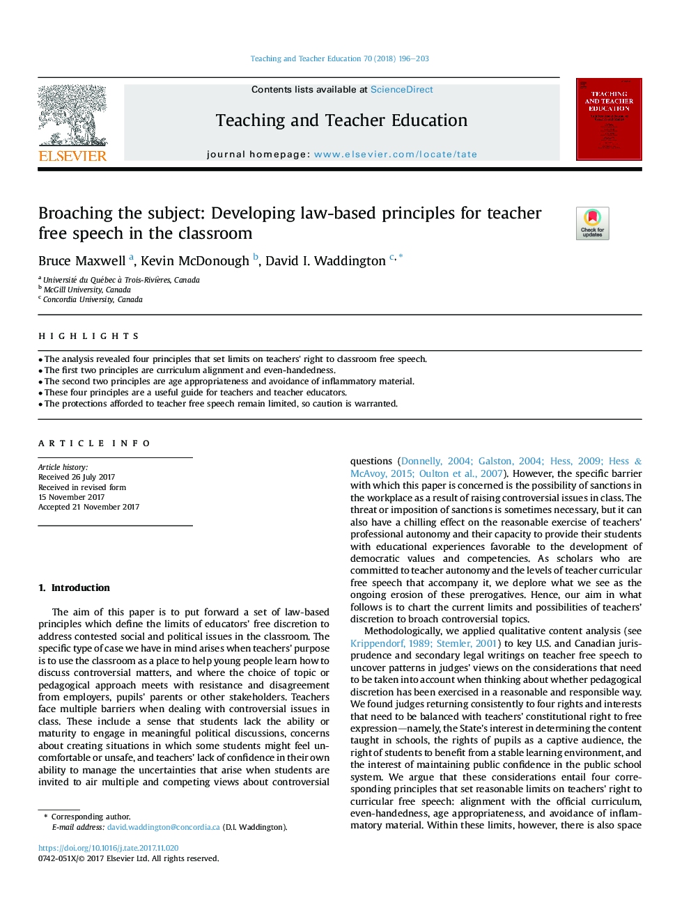 Broaching the subject: Developing law-based principles for teacher free speech in the classroom